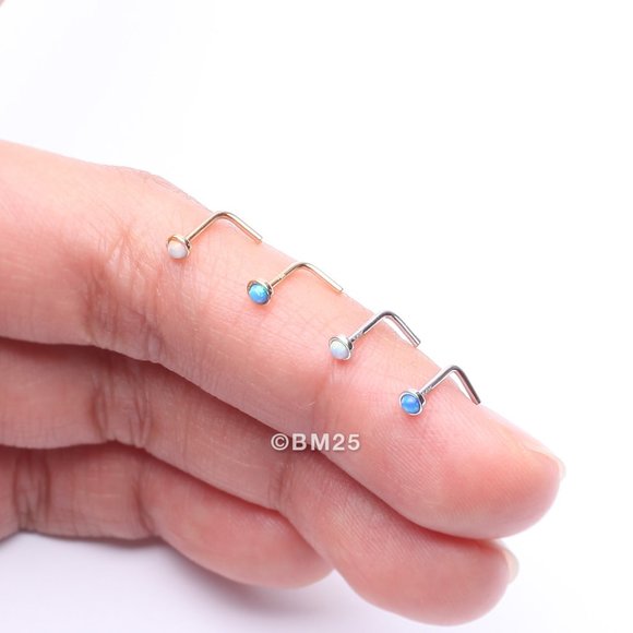14 Karat White Gold Fire Opal Bezel Set L-Shaped Nose Ring - Picture 3 of 5